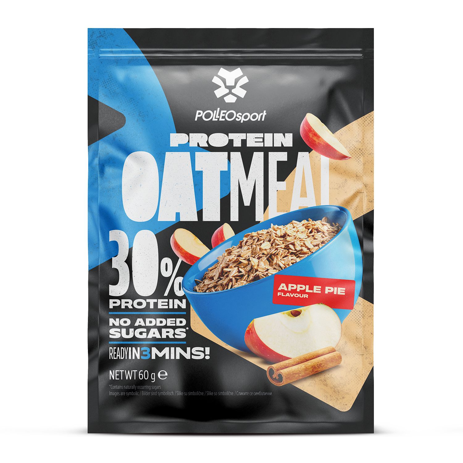 PolleoSport Protein Haferflocken, Apfelkuchen-Geschmack, 30% Protein, ohne Zuckerzusatz, 60g.