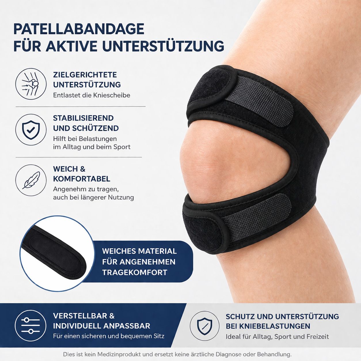 Schwarze Kniebandage mit Klettverschlüssen. Weiches Material. Stabilisierend und schützend. Für aktive Unterstützung.