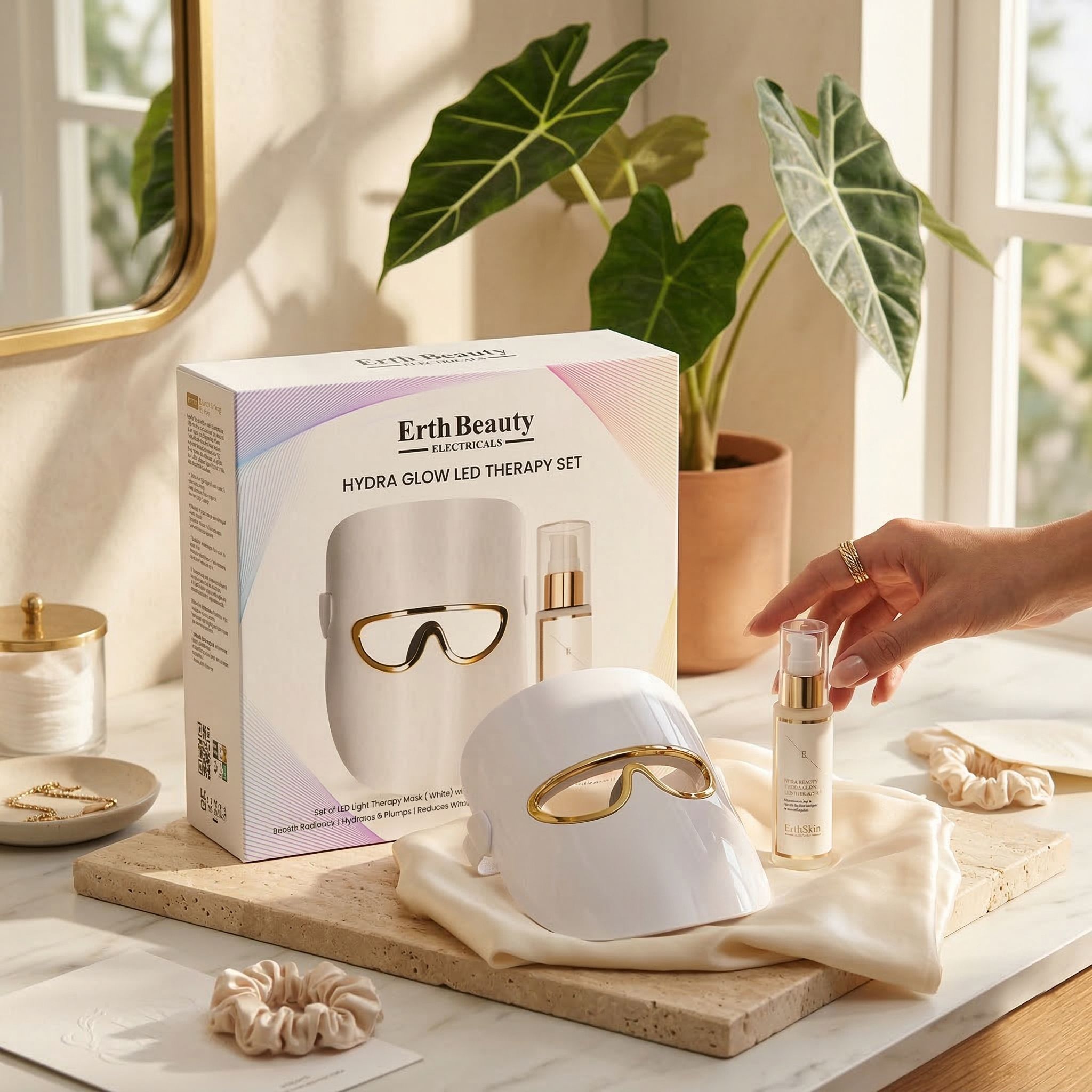 Erth Skin London Hydra Glow LED Therapy Set mit Gesichtsmaske und Seren, neben einer Pflanze auf einem Tisch.