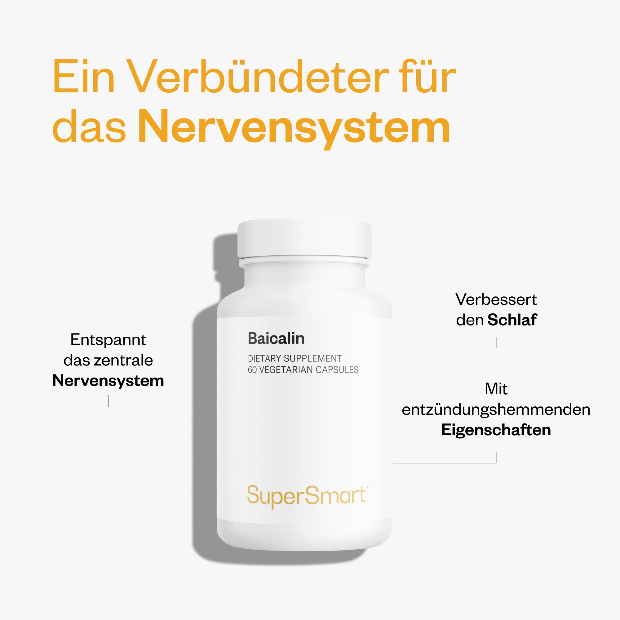 Weiße Flasche mit Baicalin-Kapseln. 60 vegetarische Kapseln. SuperSmart-Logo. Text: Nervensystem.