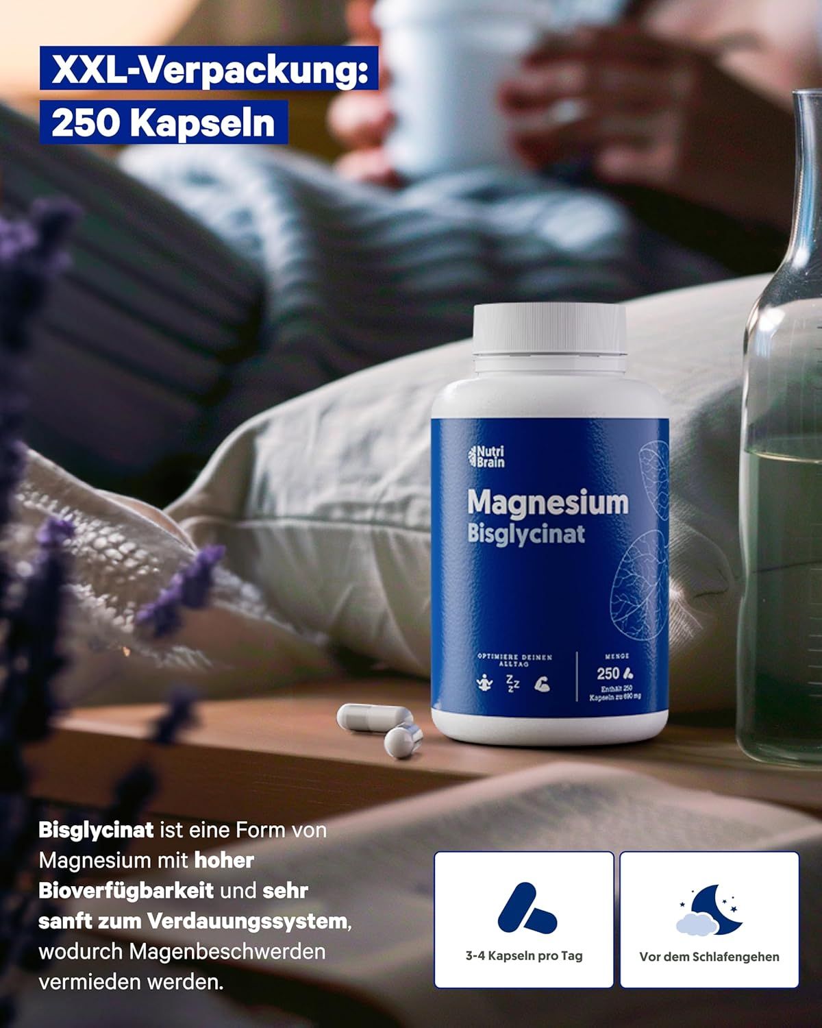 Flasche mit 250 Kapseln Magnesium Bisglycinat von Nutri Brain.