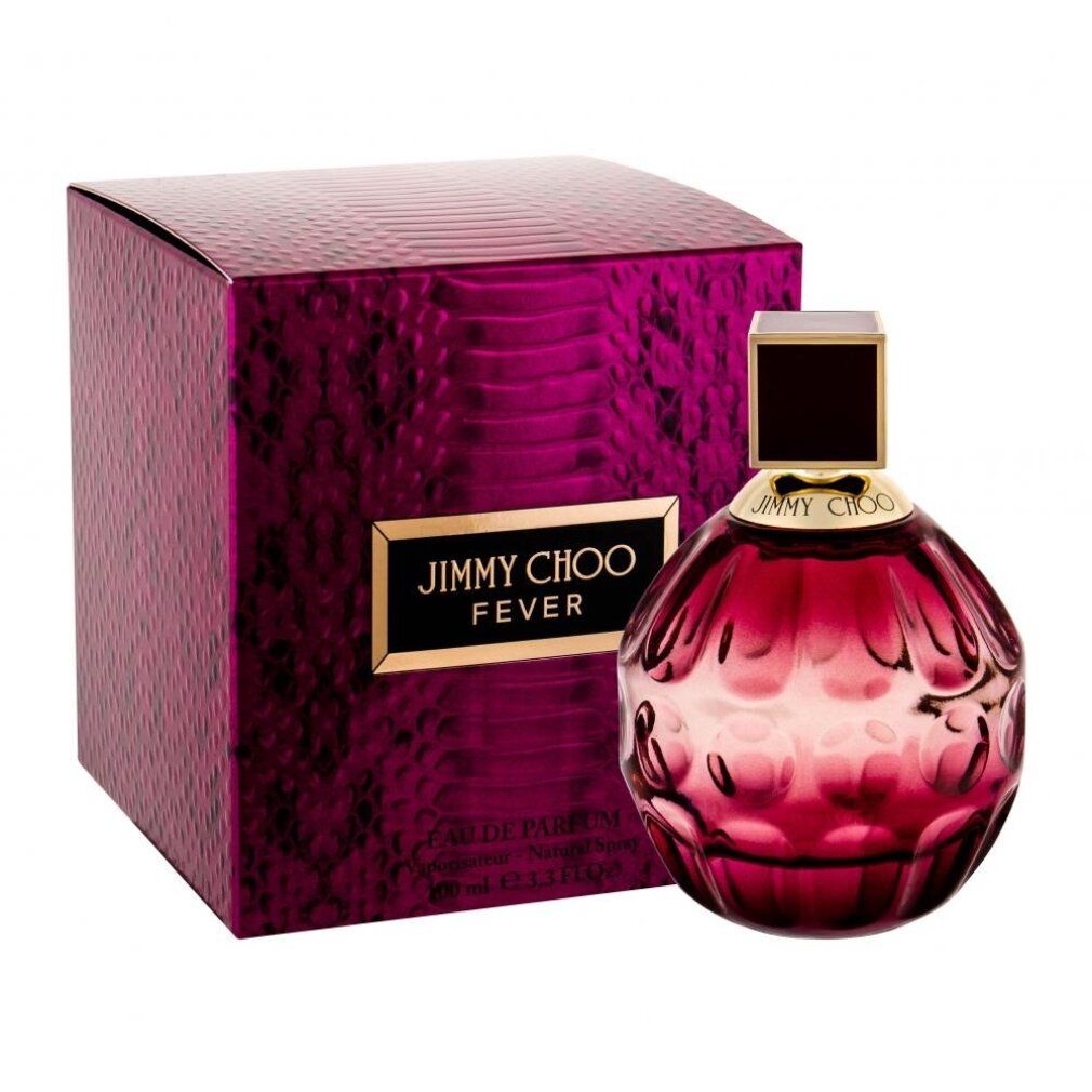 Jimmy Choo Fever Flakon und Verpackung. Rosa Glas, goldener Verschluss, rechteckiger Deckel. Schlangenmuster.