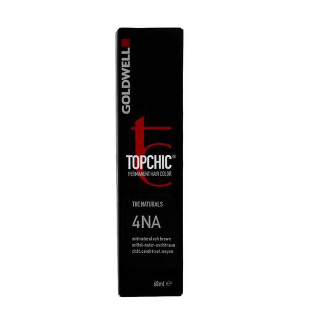 Goldwell Topchic Haarfarbe Schachtel. Schwarze Schachtel mit rotem Logo und Text. 4NA mittel-natur-aschbraun. 60ml.