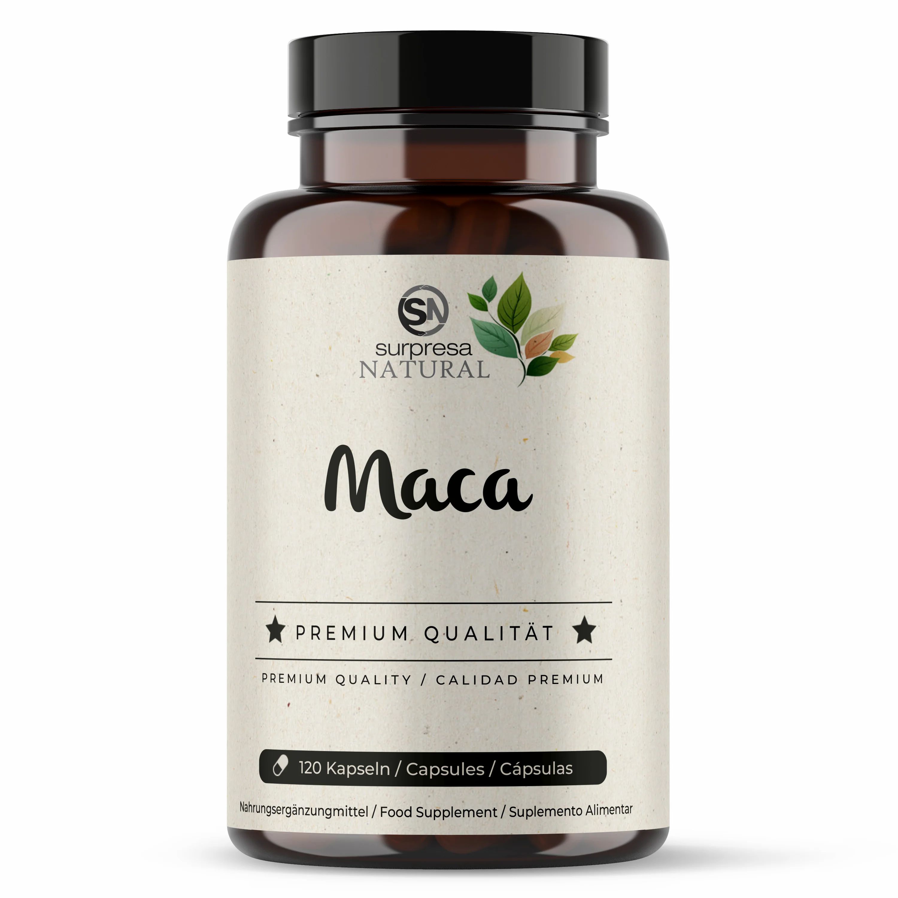 Braune Flasche mit Etikett. Aufschrift: Surpresa Natural, Maca, Premium Qualität. Enthält 120 Kapseln.