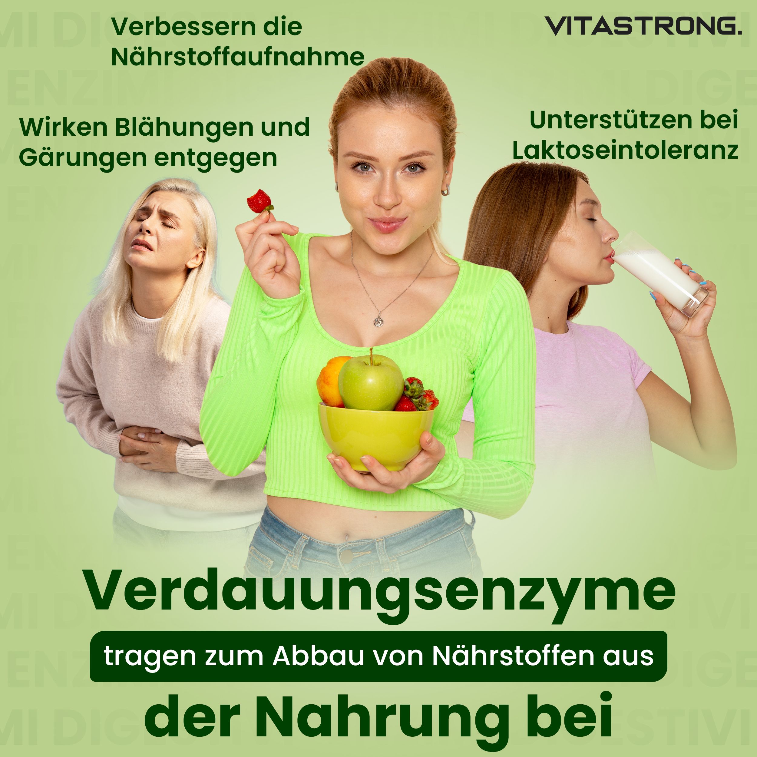 Produktabbildung. Marke: Vitastrong. Produkt: Verdauungsenzyme. Personen im Hintergrund. Text über Vorteile.
