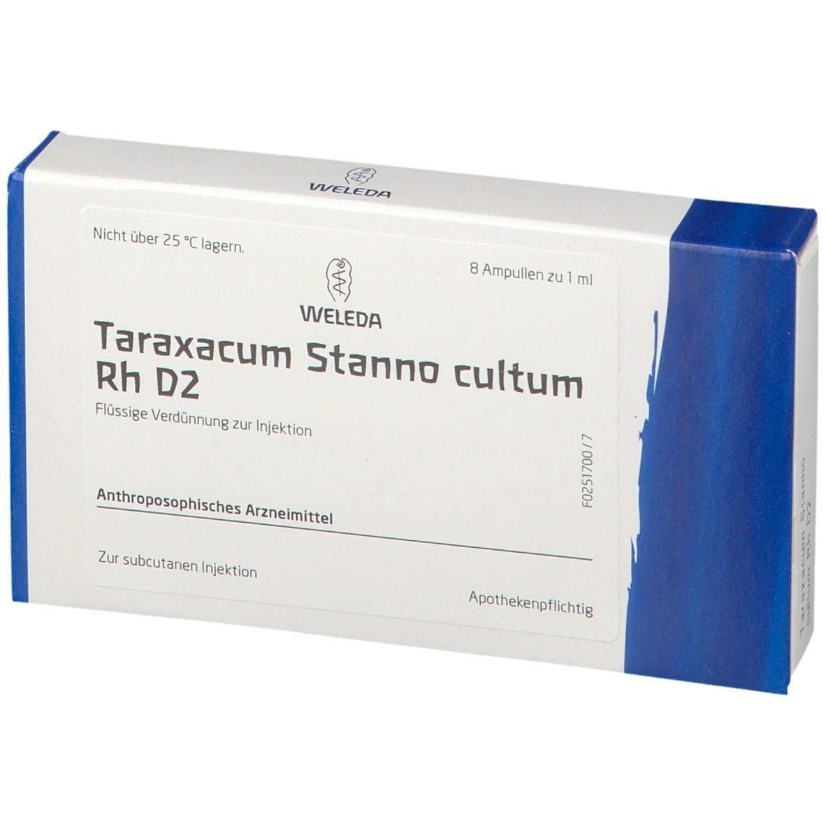 Weleda-Verpackung mit Taraxacum Stanno cultum Rh D2. Enthält 8 Ampullen. Blaue und weiße Schachtel mit Text.