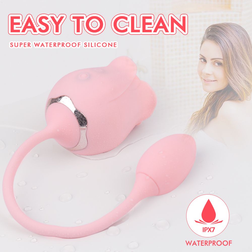 Rosa Vibrator in Rosenform mit Zungenaufsatz und Tropfenform. Text: Easy to Clean, IPX7.
