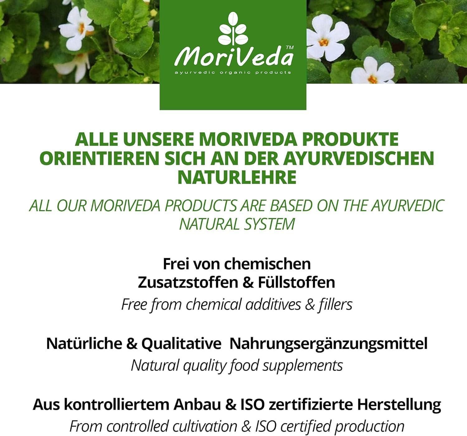 Text: ALLE UNSERE MORIVEDA PRODUKTE ORIENTIEREN SICH AN DER AYURVEDISCHEN NATURLEHRE. Frei von chemischen Zusatzstoffen & Füllstoffen.