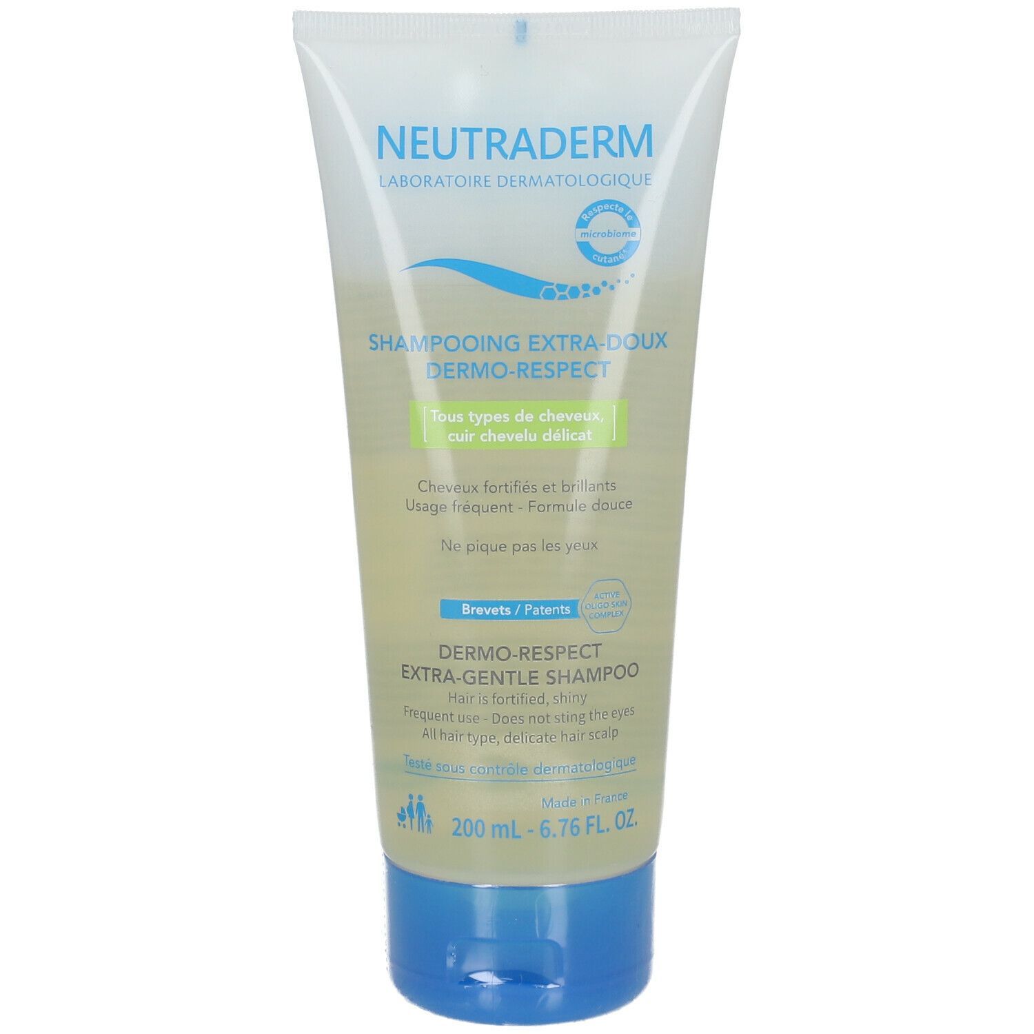 Neutraderm Shampoo, Tube mit blauer Kappe. Aufschrift: Dermo-Respect, Extra-sanftes Shampoo. Für alle Haartypen, empfindliche Kopfhaut.