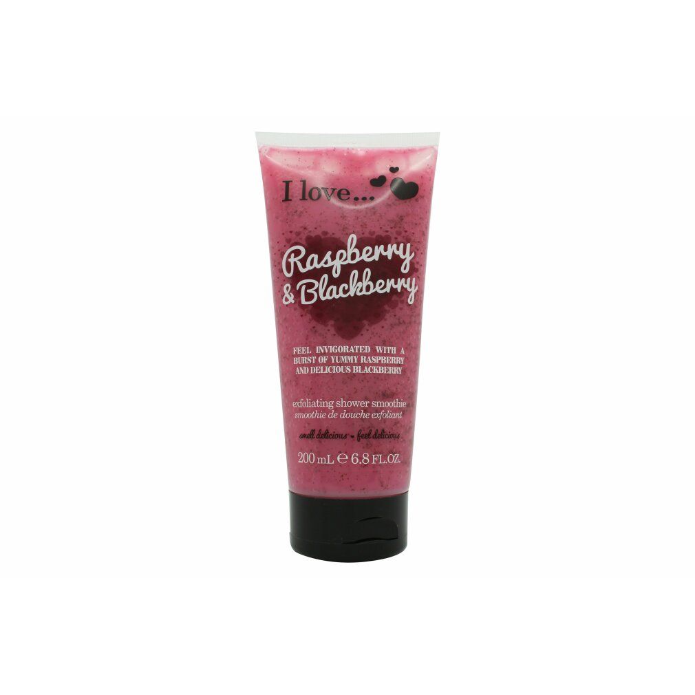 Exfoliierendes Duschpeeling in Tube. Rosa Inhalt, schwarzer Deckel. Text: Raspberry & Blackberry, I love...