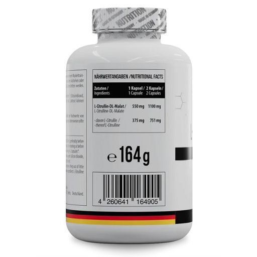 Weiße Flasche mit Etikett. Rückseite mit Nährwertangaben und Barcode. Text: L-Citrullin, 164g.