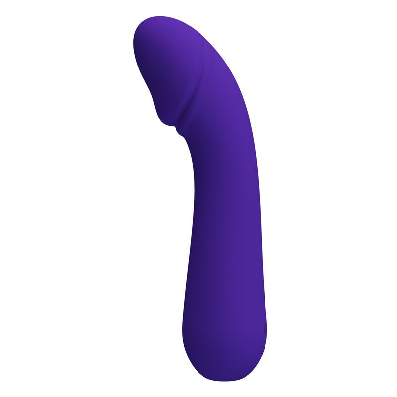 Lila Vibrator mit gebogener Form. Oberteil mit erhabenem Bereich. Glatte Oberfläche.