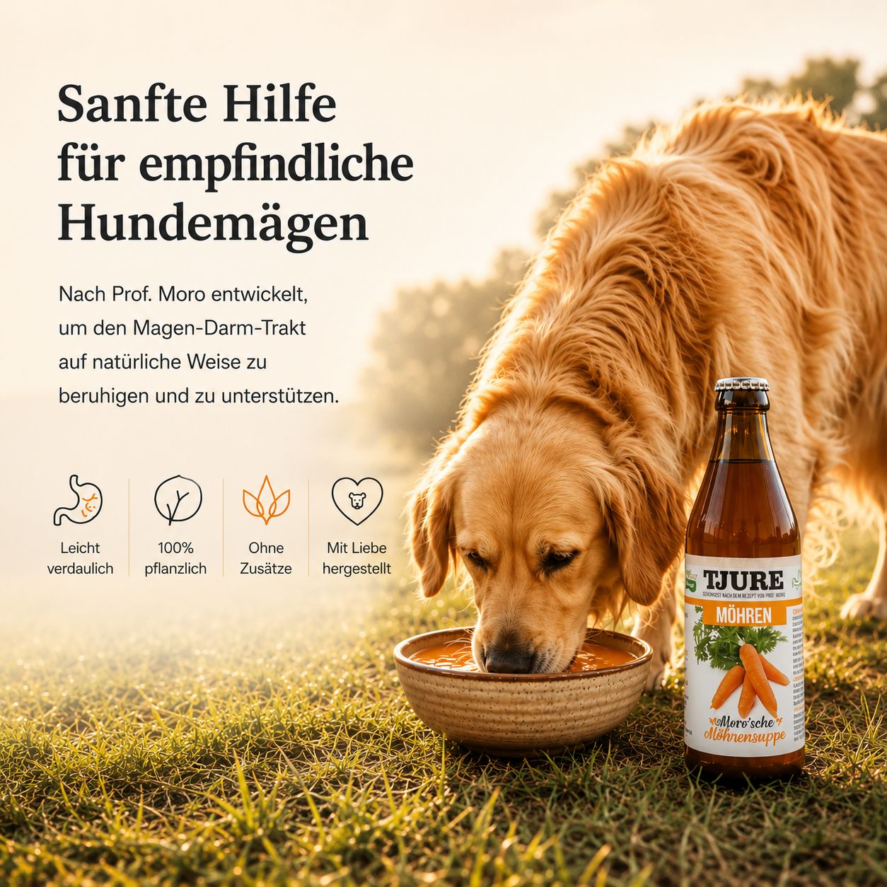 Tjure Moro'sche Möhrensuppe: Ein Hund trinkt aus einer Schüssel, daneben eine Flasche der Suppe und Karotten.