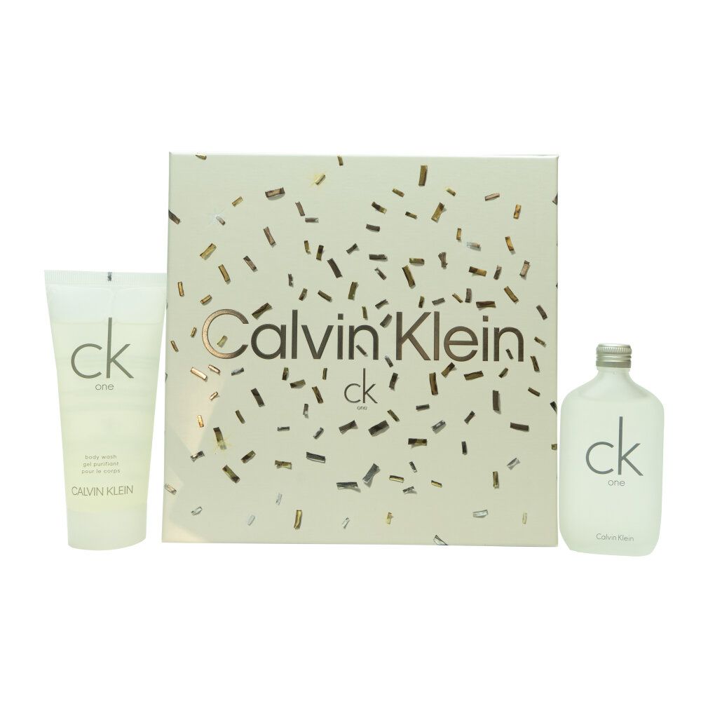 Geschenkset mit Flasche, Tube und Verpackung. Aufdruck "Calvin Klein" und "ck".