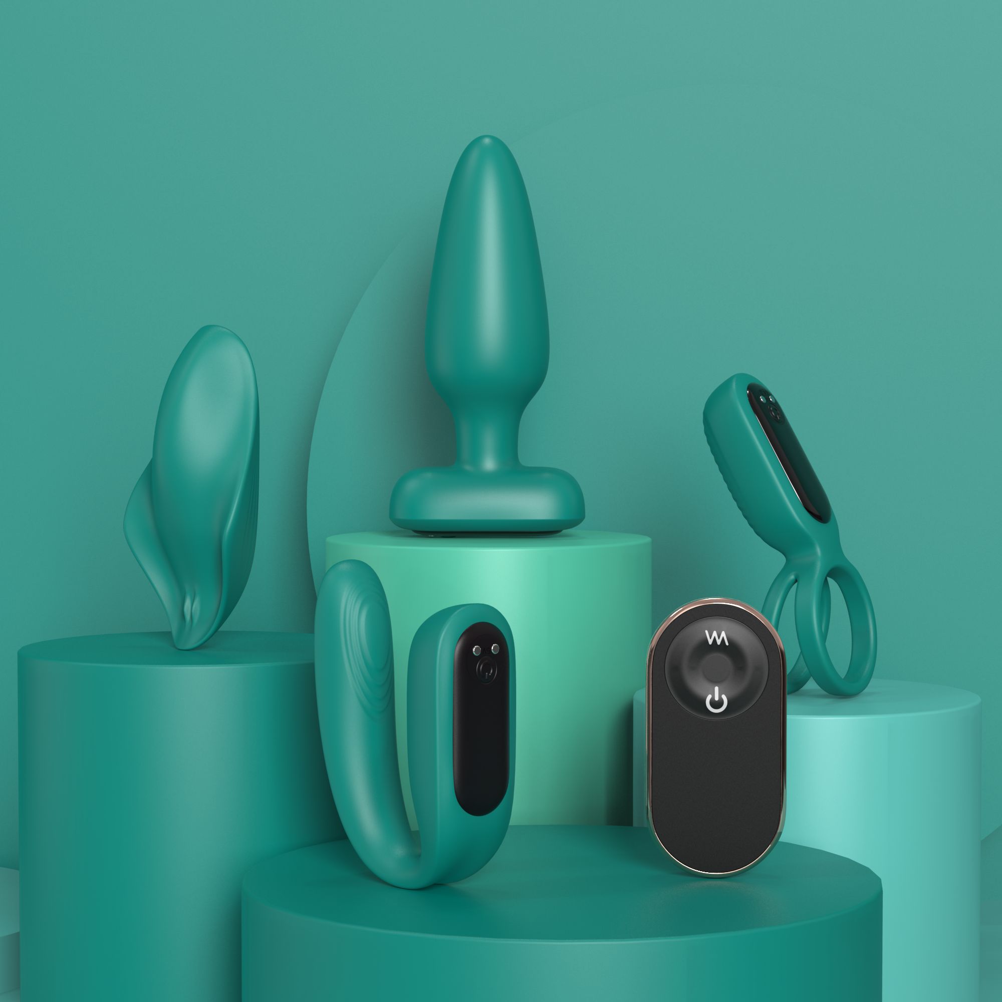 Vier grüne Produkte: Ring, gebogene Form, U-Form und Kegel. Auf grünen Podesten.