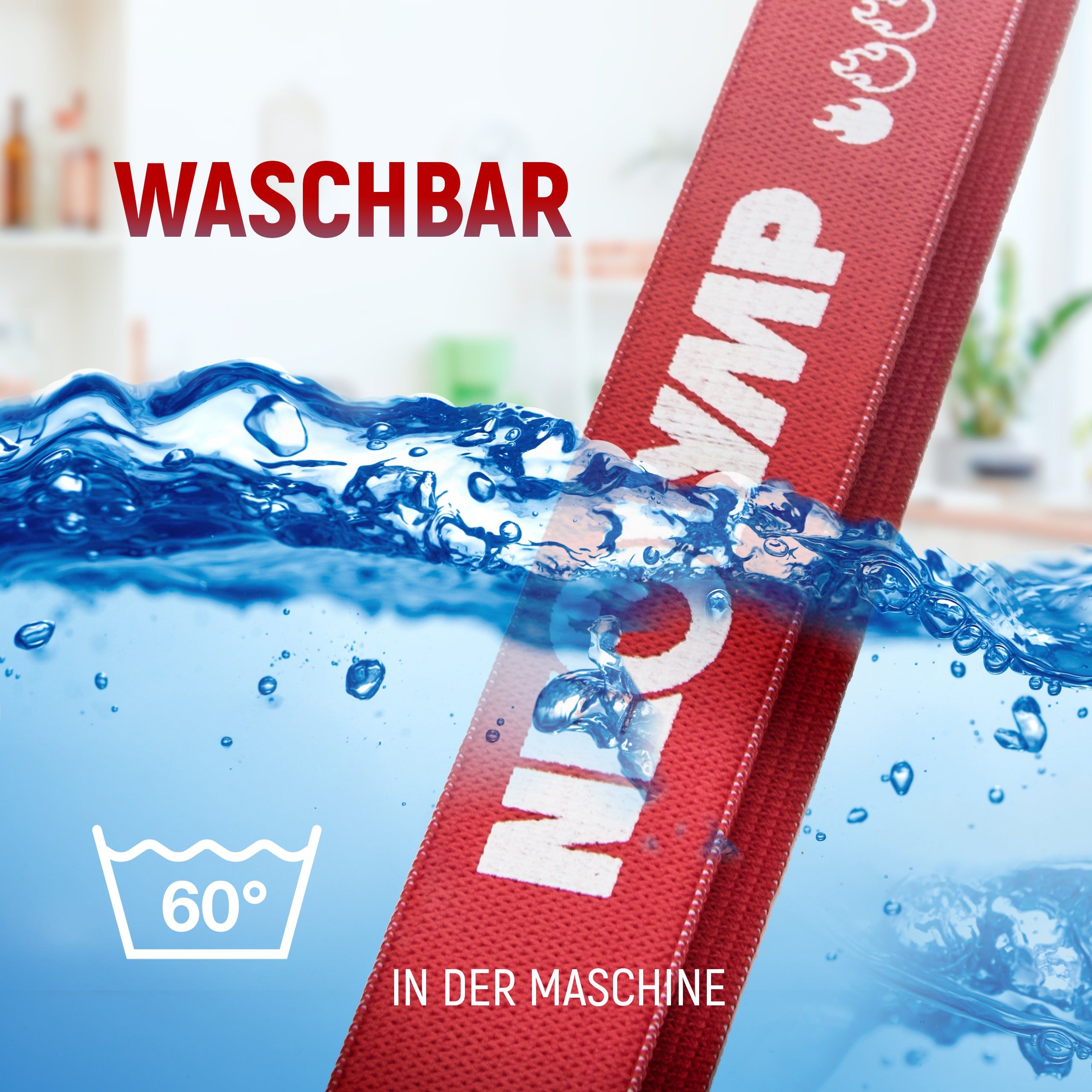 Fitnessband in Wasser. Waschbar bei 60°. Aufschrift: NEOLYMP.