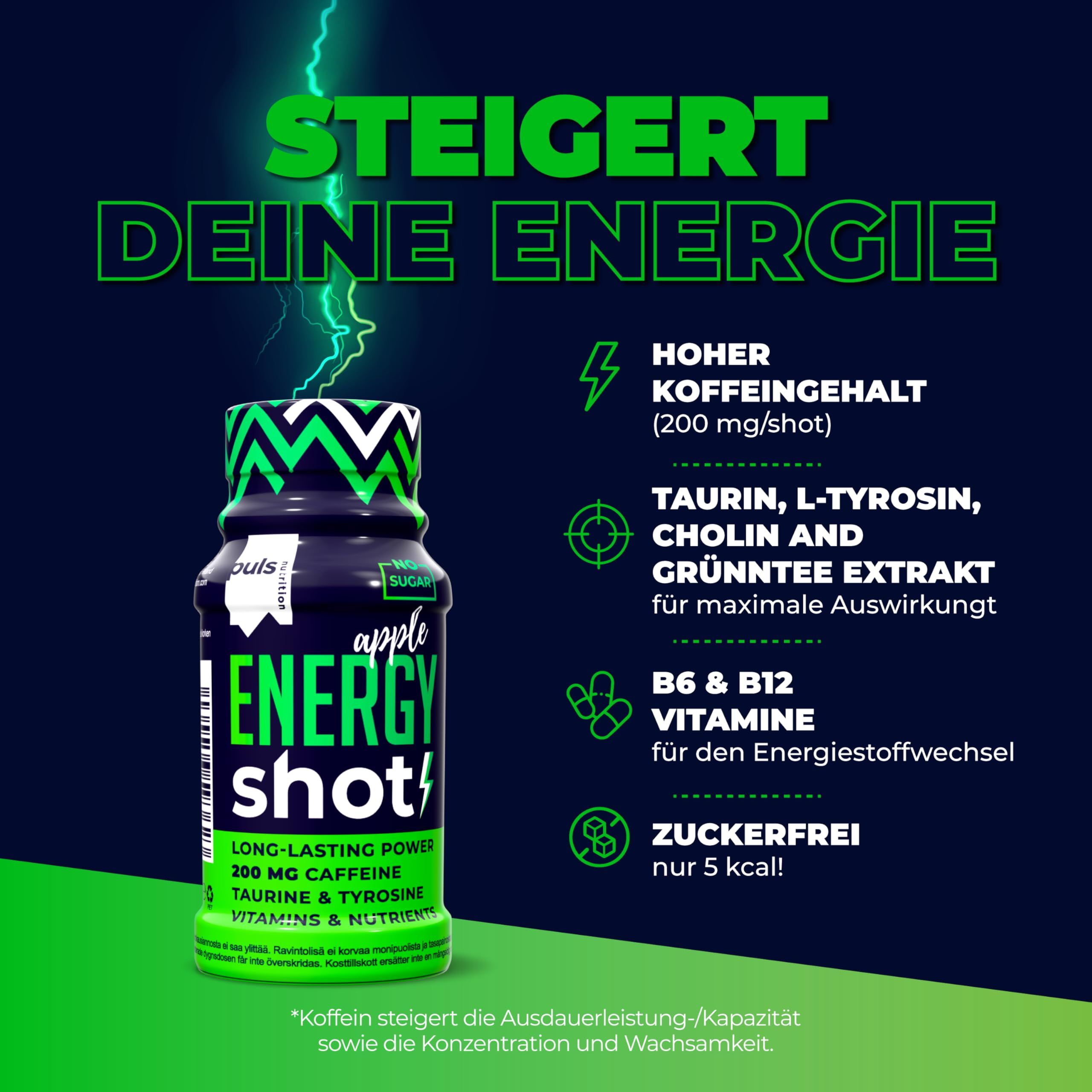 Puls Nutrition Energie Shot Apfel: Flasche mit grünen und schwarzen Zickzack-Akzenten. Enthält Koffein, Vitamine und Nährstoffe.