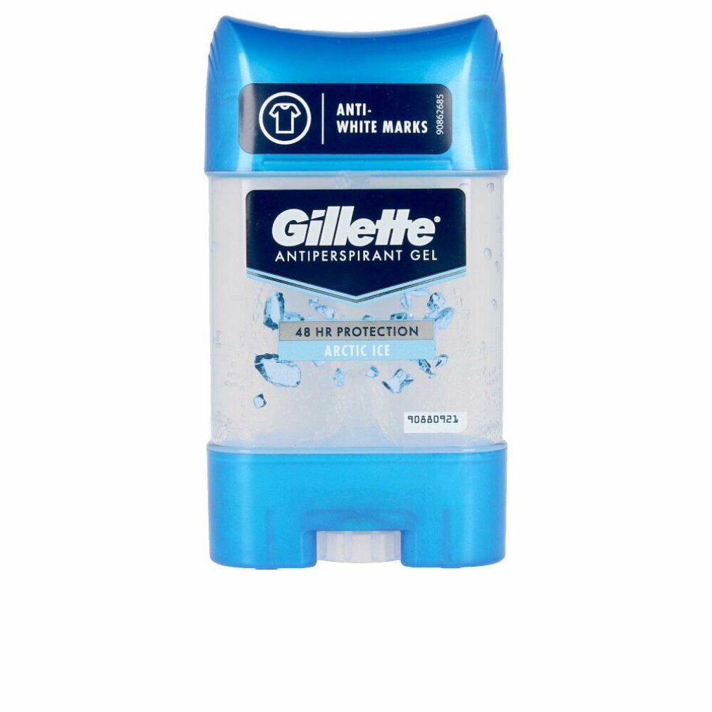 Deo-Gel mit blauem Deckel und Boden. Aufschrift: Gillette, Antitranspirant Gel, Arctic Ice. Anti-White Marks.