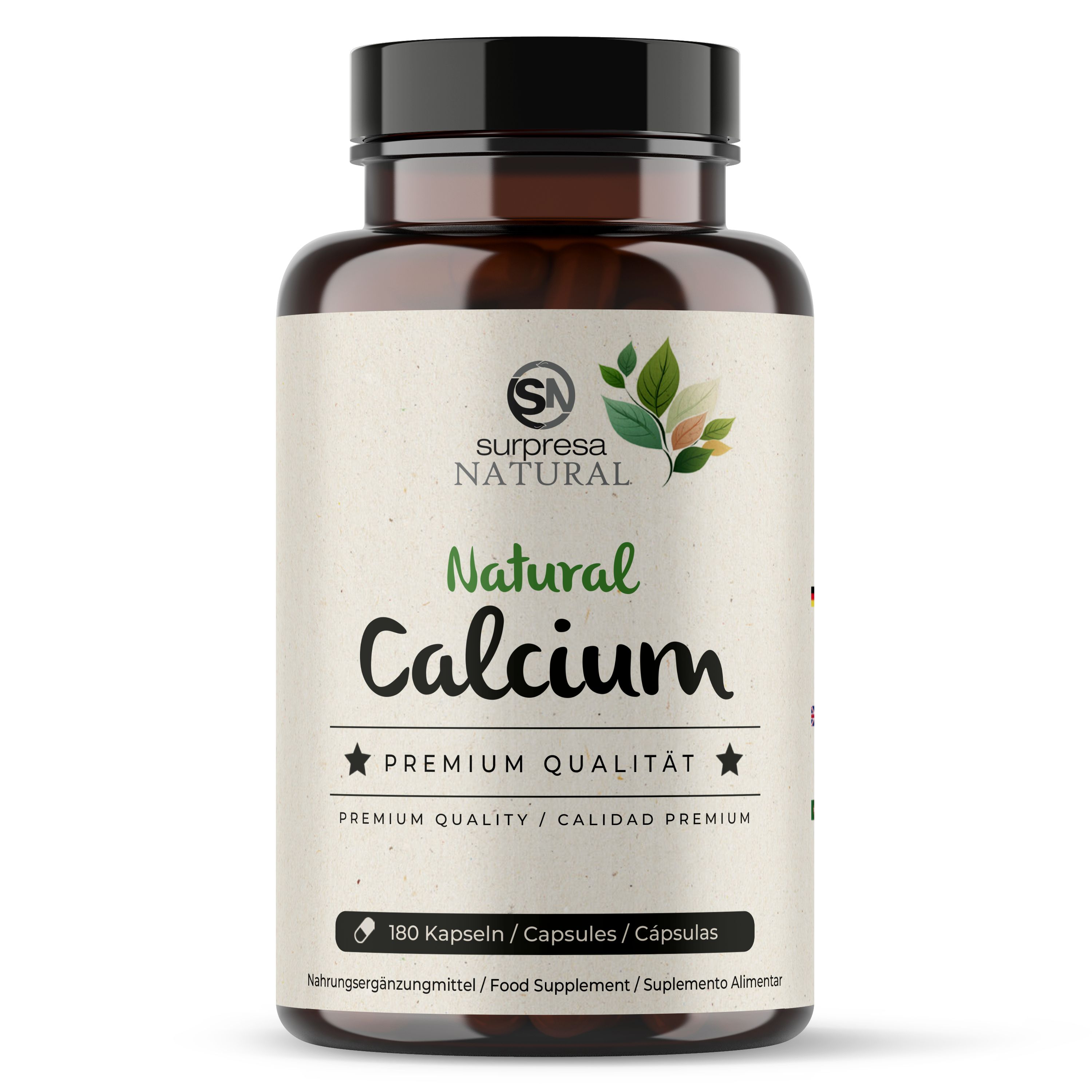 Braune Flasche mit Kapseln. Aufschrift: Surpresa Natural, Natural Calcium, Premium Qualität. 180 Kapseln.