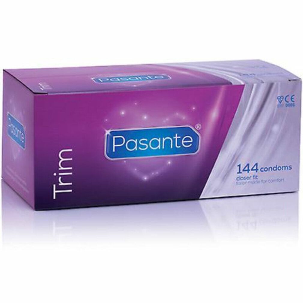 Verpackung von Pasante Trim Kondomen. Lila Schachtel mit Logo und Schriftzug. Enthält 144 Kondome.