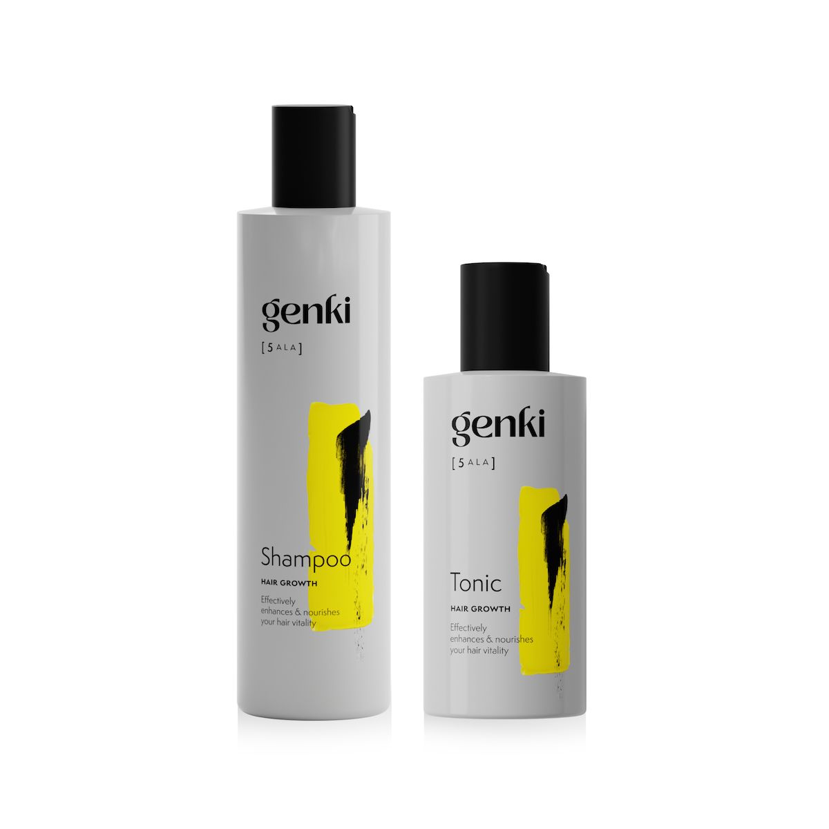 Zwei Flaschen Genki Shampoo und Tonic. Weiß, mit schwarzem Deckel und gelbem Akzent. Schriftzug: Genki, Shampoo und Tonic.
