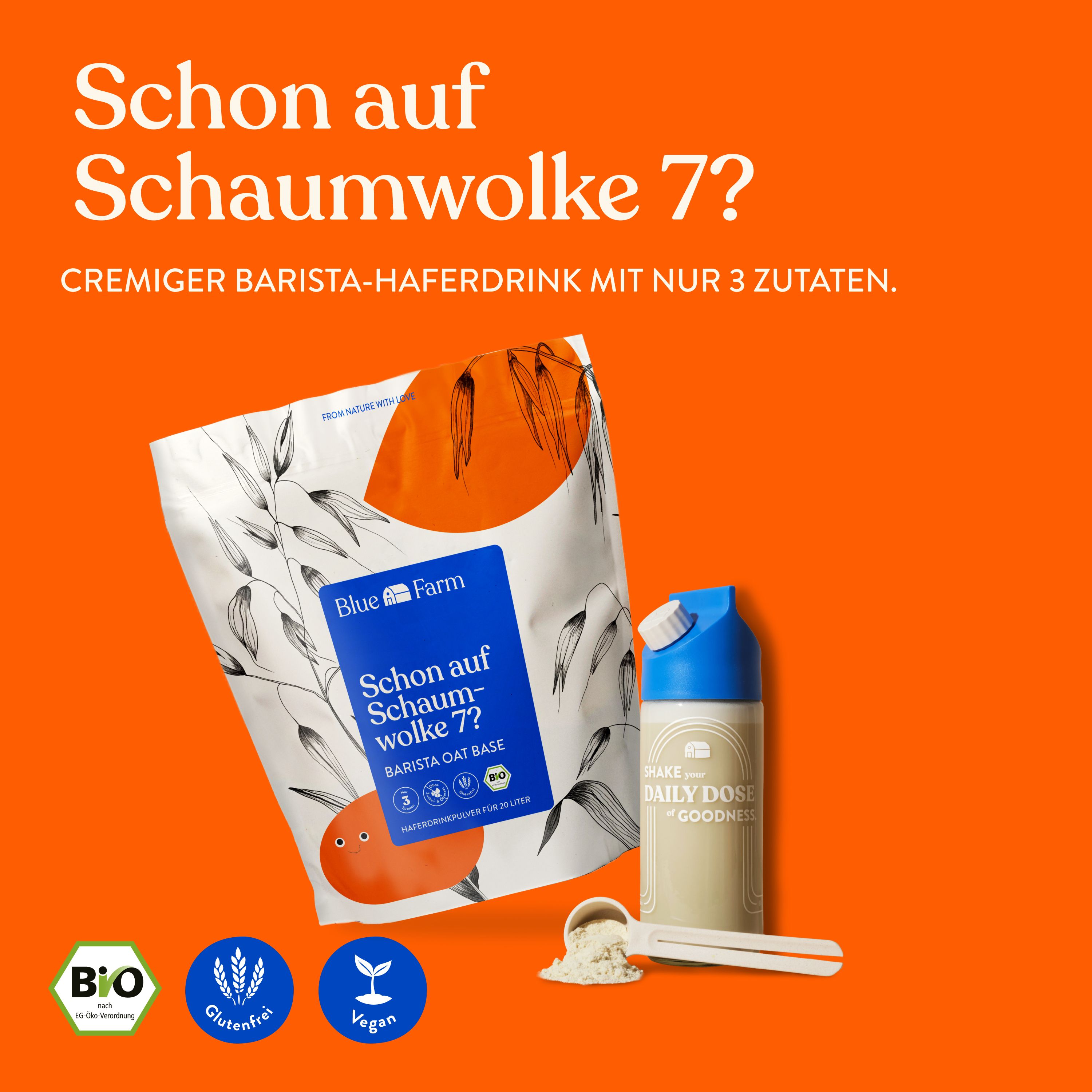Produktverpackung mit Barista Oat Base, Shaker, Messlöffel. Bio- und vegan-Zertifizierungen.