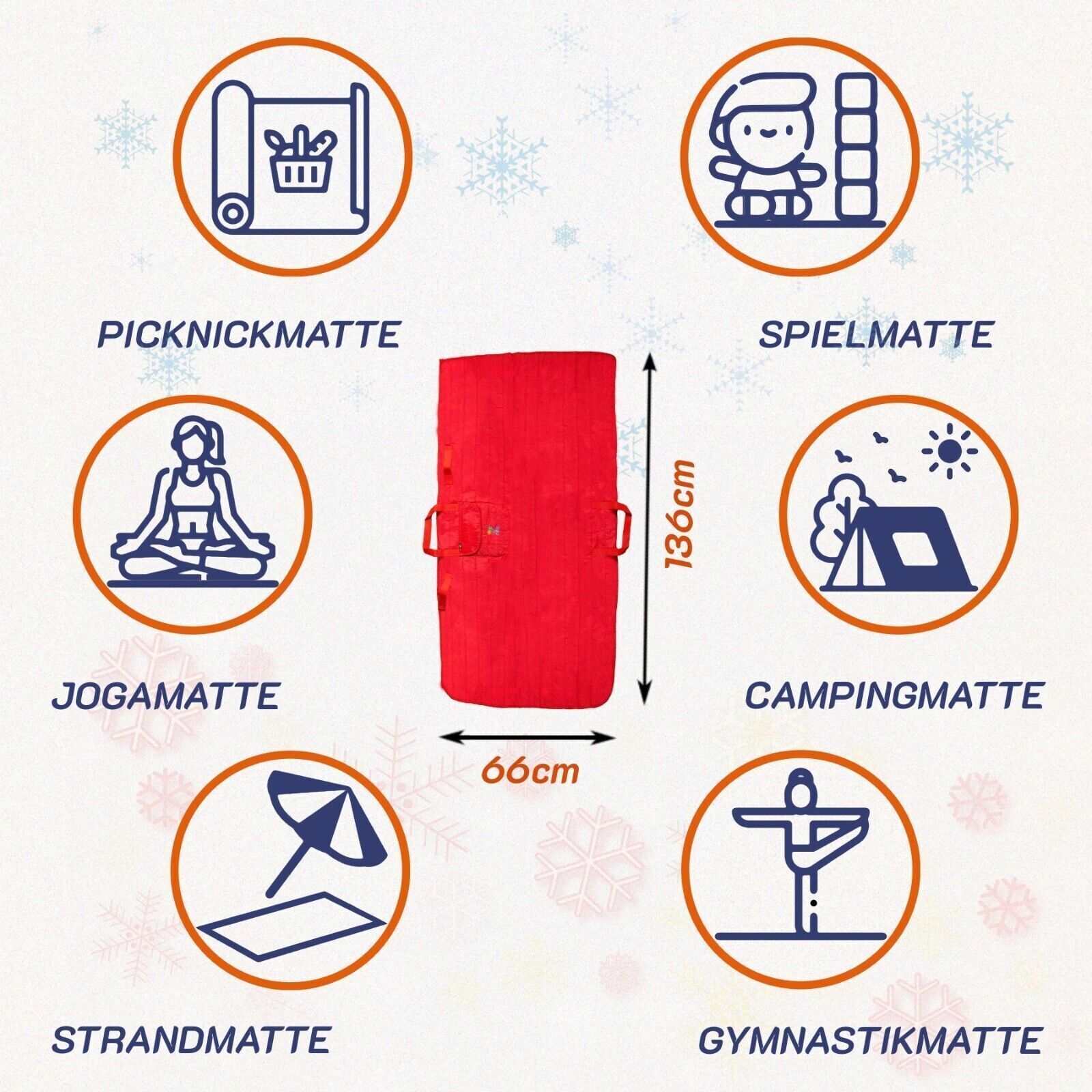 Rote Faltmatte, 136cm hoch, 66cm breit. Beschriftung: Picknickmatte, Spielmatte, Jogamatte, Campingmatte, Strandmatte, Gymnastikmatte.