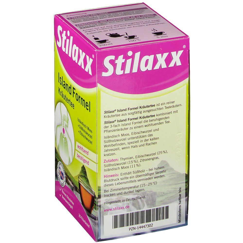 Verpackung von Stilaxx Island Formel Kräutertee. Rosa-weißes Design mit Produktnamen und Illustrationen. 20 Filterbeutel.