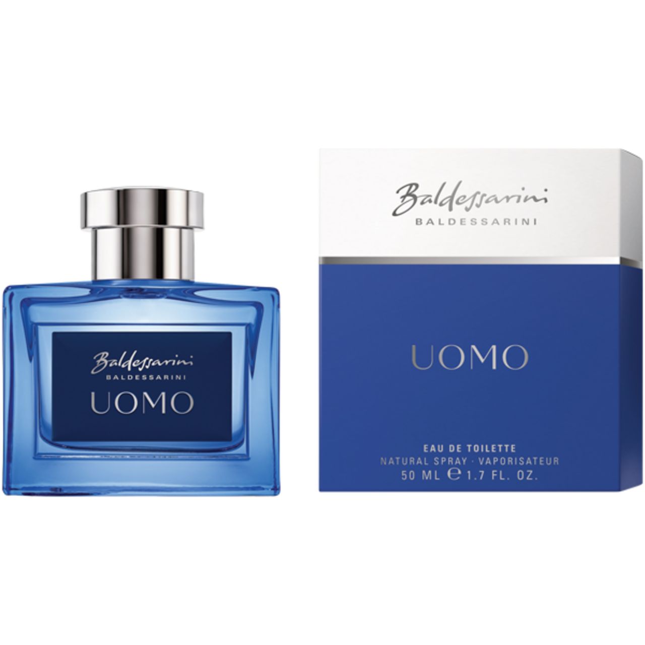 Blauer Flakon und Verpackung. Aufschrift: Baldessarini UOMO. Eau de Toilette.