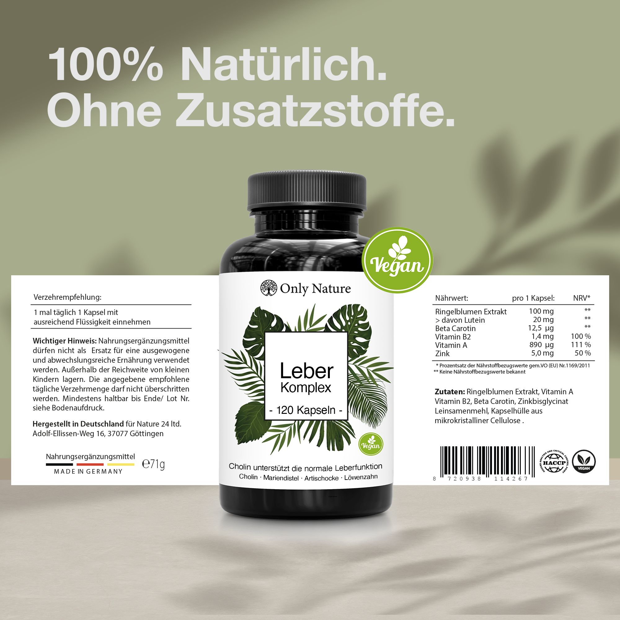 Produktflasche mit Etikett. Text: 100% natürlich. Ohne Zusatzstoffe. Nur 1 Kapsel täglich. Nährwertangaben. Vegan-Siegel.