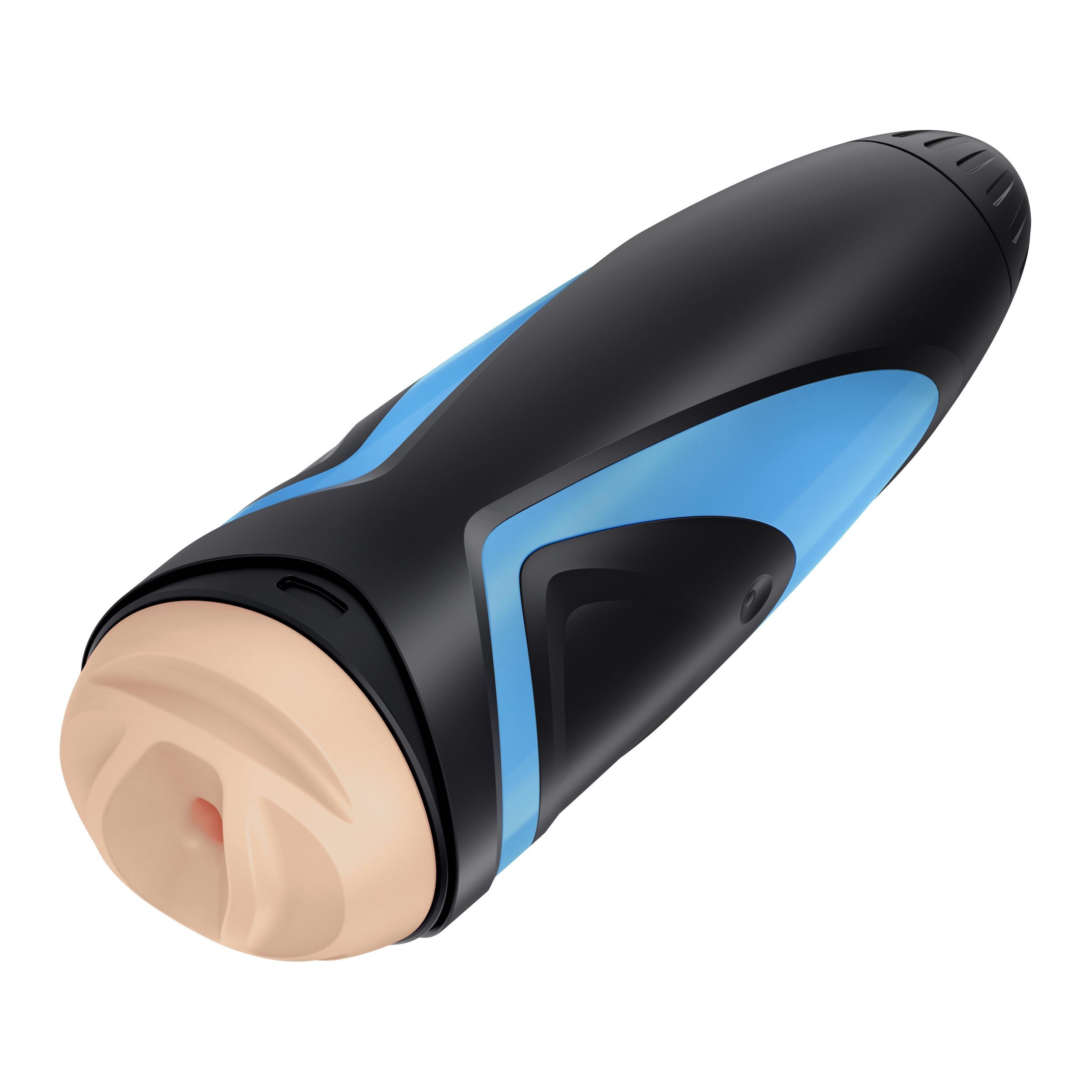 Zylindrisches Gerät, schwarz-blau, mit hellbrauner Öffnung. Oberseite abgerundet. Blaue Akzente. 