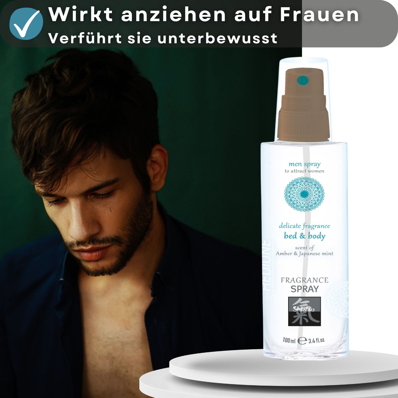 Produkt und Verpackung. Produkt: Flakon mit Sprühkopf. Verpackung: Fragrance Spray, Hedione, Shiatsu. Text: men spray to attract women, bed & body.