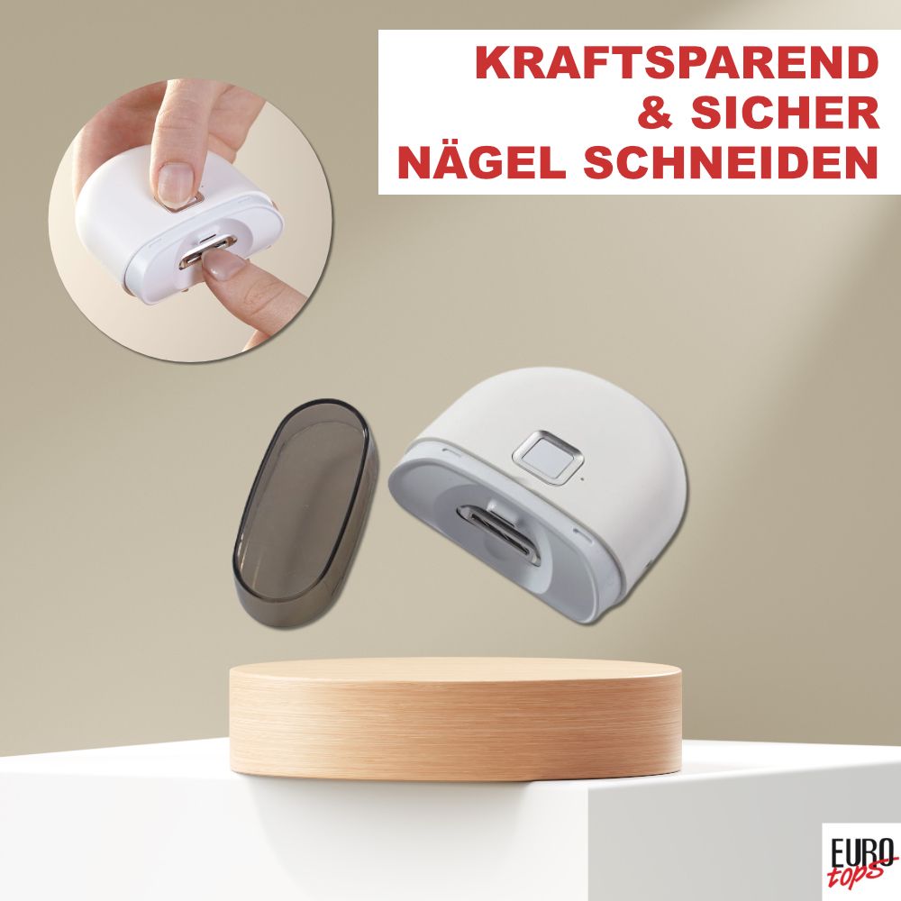 Elektrischer Nagelschneider in Weiß, auf einem Holzpodest, mit Auffangbehälter daneben.