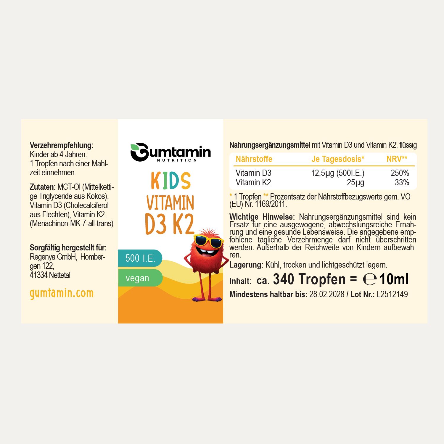 Etikett mit Text: KIDS Vitamin D3 K2 Tropfen. Nährwertangaben, Zutaten, Mindesthaltbarkeit. Flasche mit Tropfer.