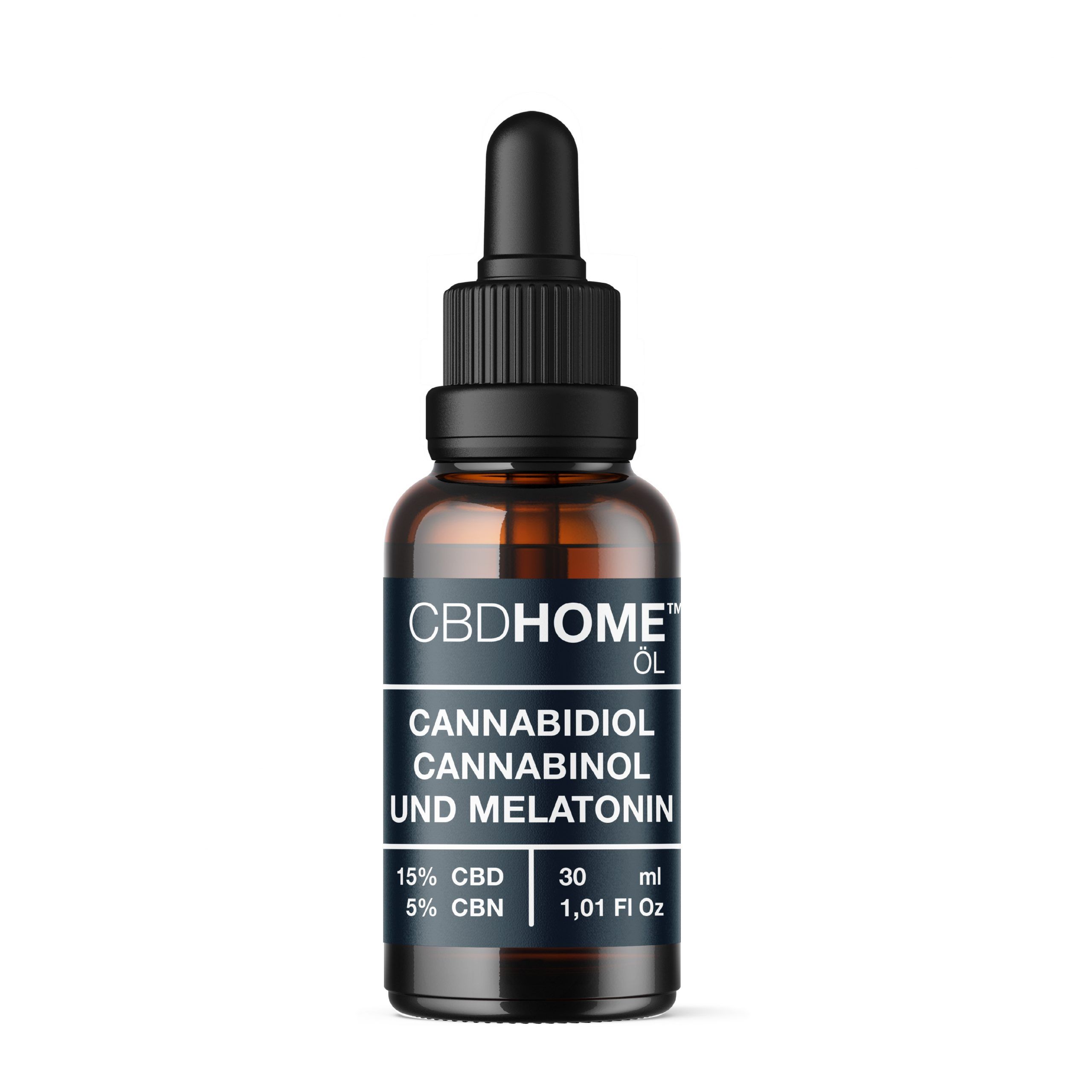 CBD HOME Öl Flasche mit Pipette. Enthält 15% CBD, 5% CBN und Melatonin.