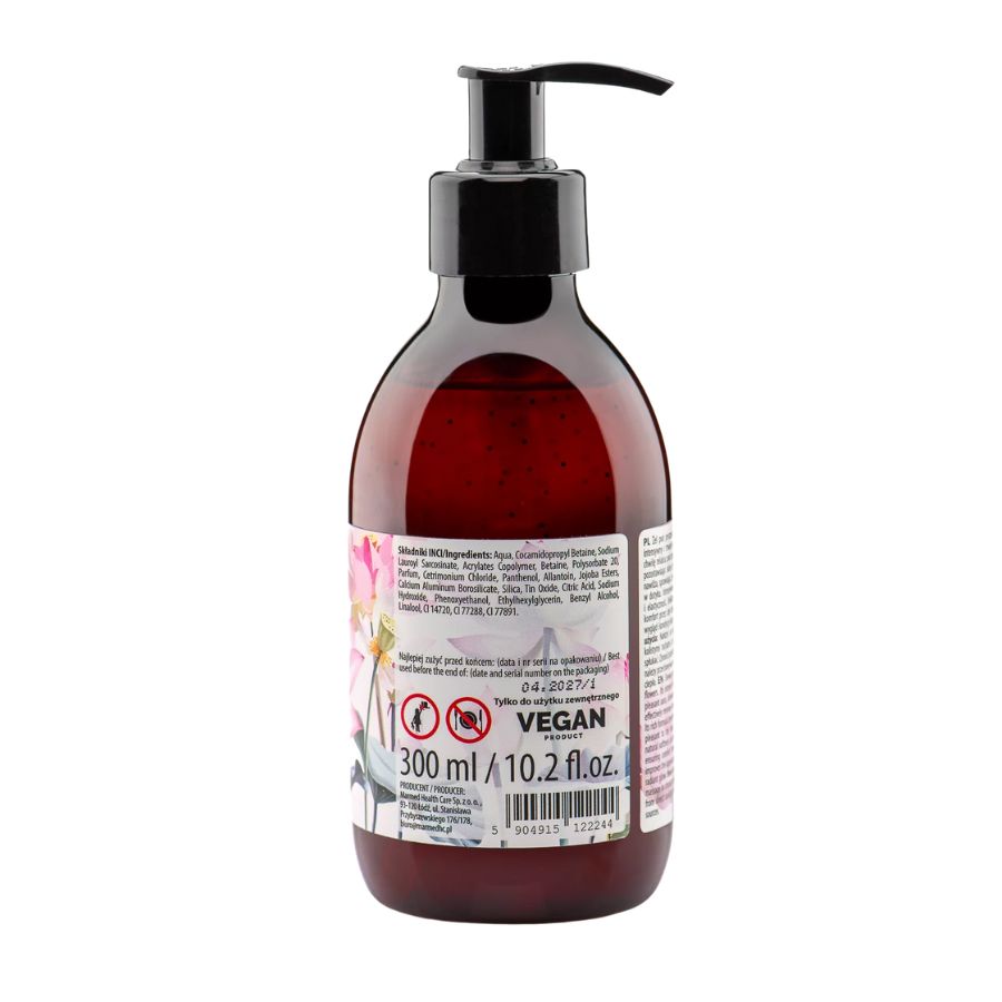 Rückseite der Flasche mit Pumpverschluss. Etikett mit Inhaltsstoffen, Text und Vegan-Siegel. Volumen: 300 ml / 10.2 fl.oz.