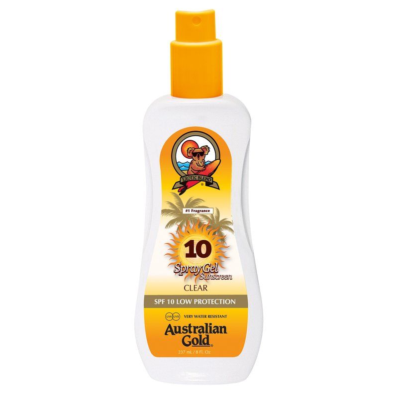Weiße Flasche mit gelbem Sprühkopf. Aufkleber mit Logo, Palmen, Text: 10 Spray Gel, Clear, SPF 10 Low Protection, Australian Gold.