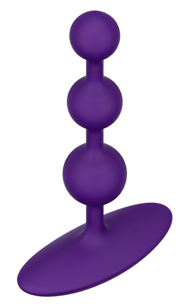 Lila Analperlen mit drei Kugeln und einem flachen Griff. Perspektivische Ansicht.