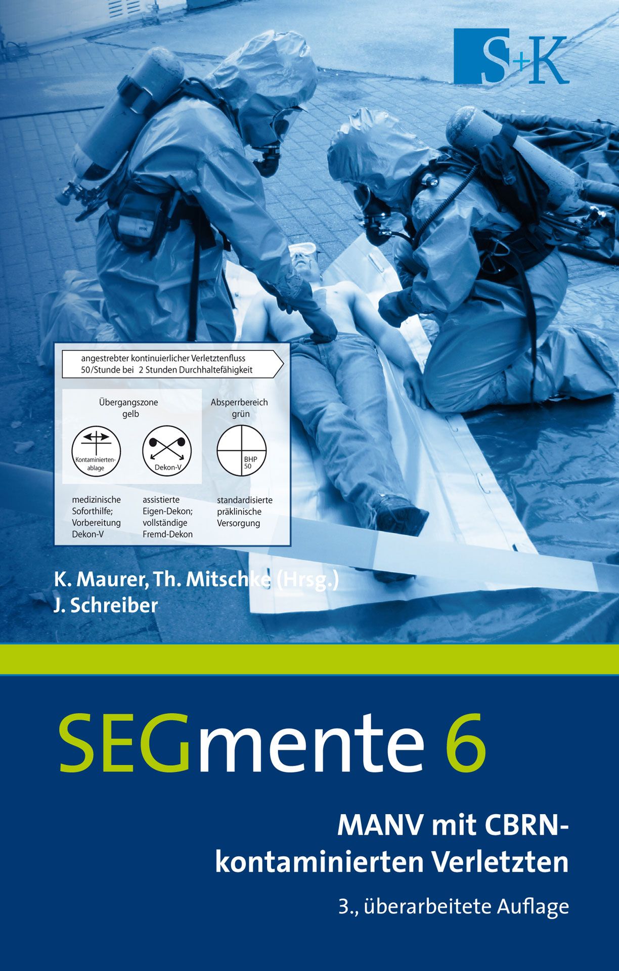 Buchcover: SEGmente 6, MANV mit CBRN-kontaminierten Verletzten. Personen in Schutzanzügen behandeln eine Person. Diagramme und Autorennamen.