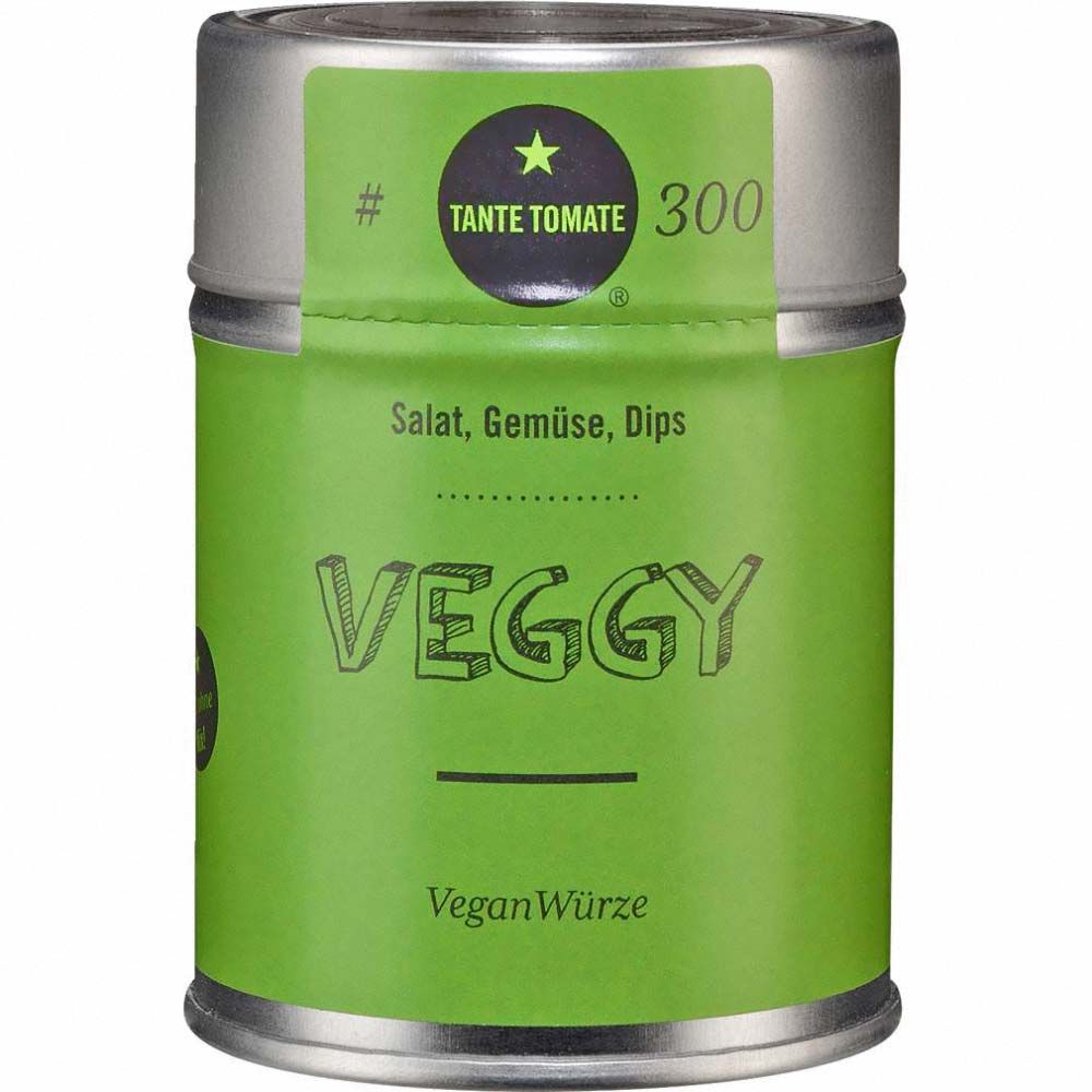 Zylindrische Dose mit grünem Etikett. Aufschrift: VEGGY, VeganW	ürze, Tante Tomate. Für Salat, Gemüse, Dips.