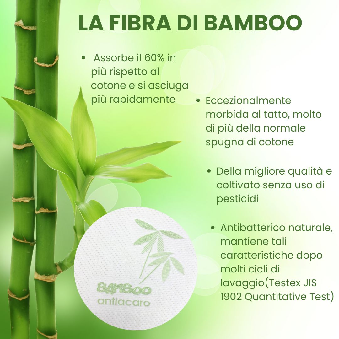L'immagine mostra la fibra di bambù. È morbida, antibatterica e di alta qualità, coltivata senza pesticidi. Assorbe il 60% in più rispetto al cotone e si asciuga più velocemente. È visibile anche il logo in bambù.