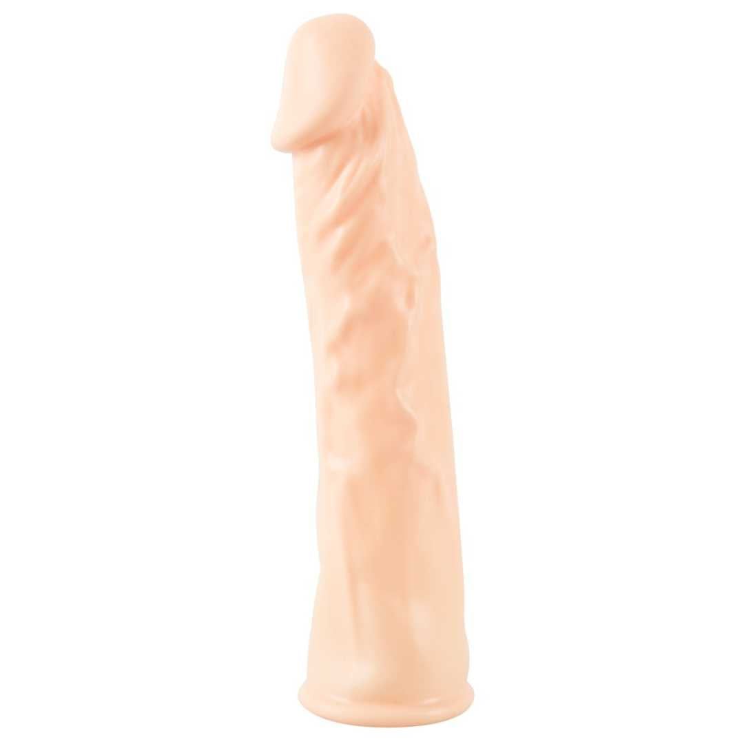 Beigefarbene Silikon-Penishülle mit geriffelter Oberfläche. Geformt wie ein Penis.