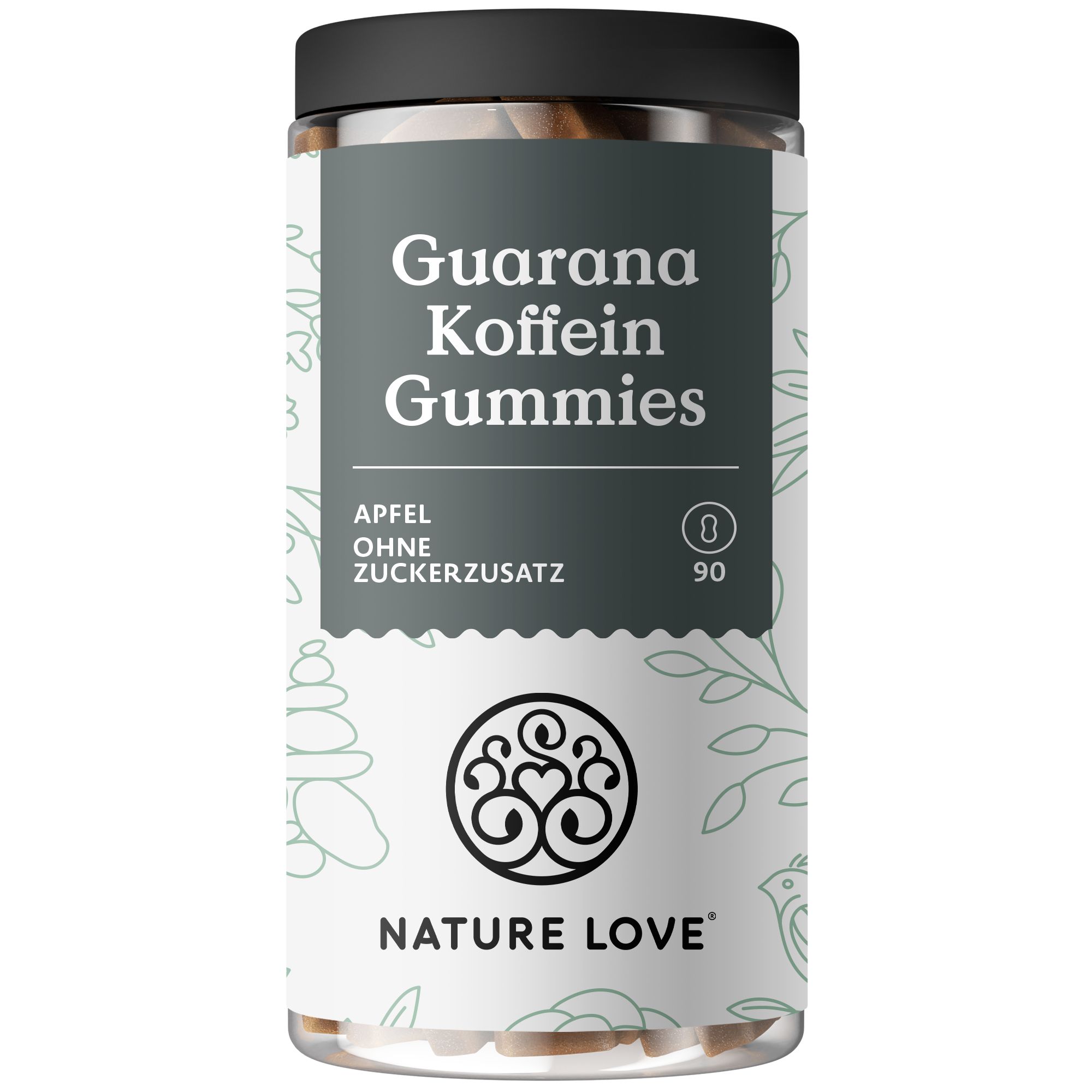 Zylindrische Dose NATURE LOVE® Guarana Koffein Gummies. Aufschrift: Guarana Koffein Gummies, Apfel ohne Zuckerzusatz. Logo und Marke NATURE LOVE®.