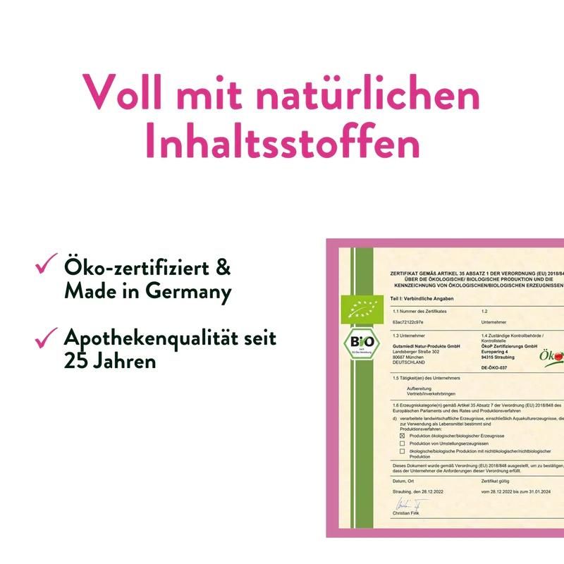 Zertifikat mit Text. Text: Öko-zertifiziert & Made in Germany. Apothekenqualität seit 25 Jahren. Logo: Bio.