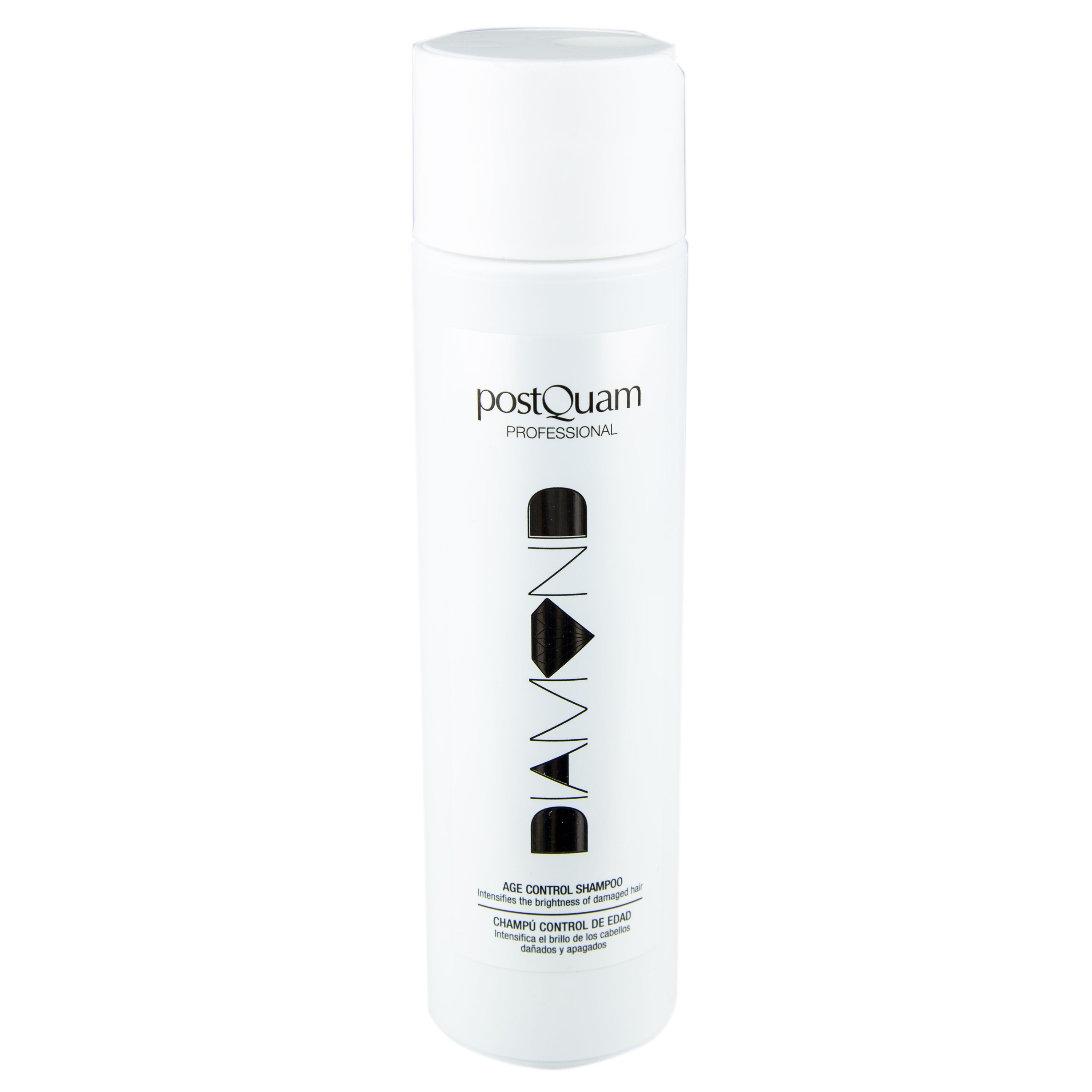 Weiße Shampoo-Flasche mit schwarzem und silbernem Etikett. Aufschrift: DIAMOND, PostQuam Professional, Age Control Shampoo.