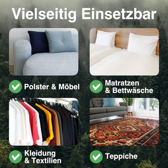 Anwendungsbereiche für Envira Milbenspray. Polster, Möbel, Matratzen, Bettwäsche, Kleidung, Textilien, Teppiche.