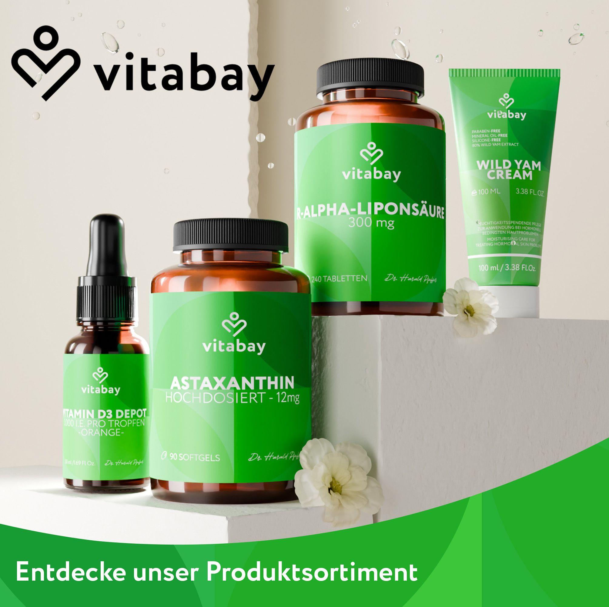 Verschiedene Produkte von Vitabay. Flasche Vitamin D3, Kapseln Alpha-Liponsäure, Creme Wild Yam. Marke: Vitabay.