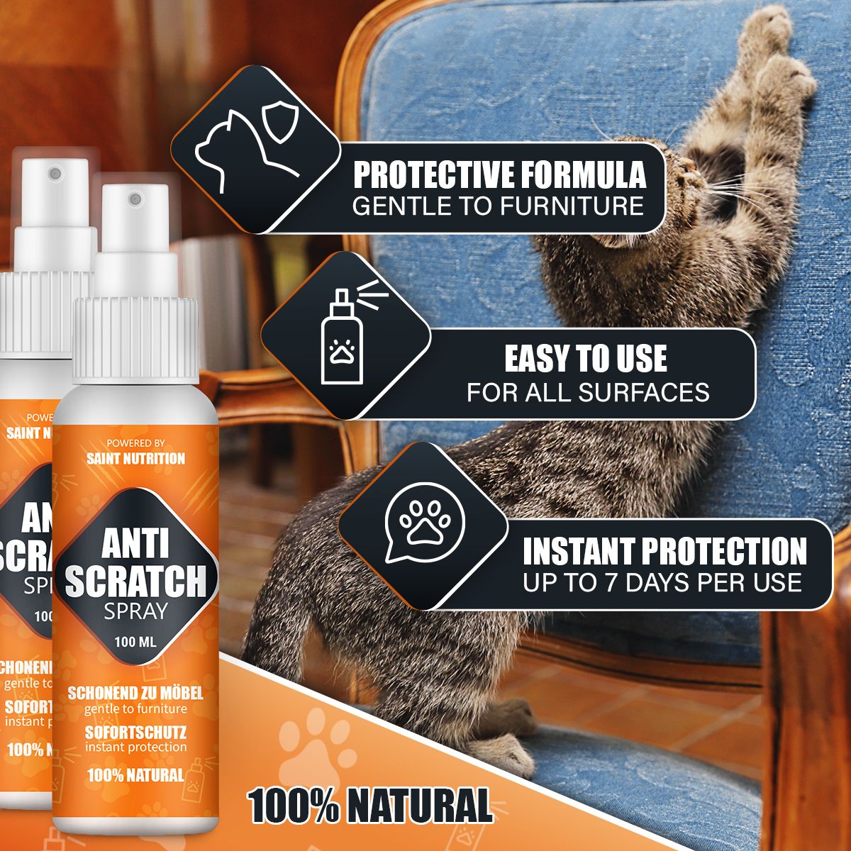 Drei Sprühflaschen mit orangefarbenen Etiketten. Text: Anti Scratch Spray, 100 ml, 100% Natural. Marke: Saint Nutrition. Katze auf Möbeln.