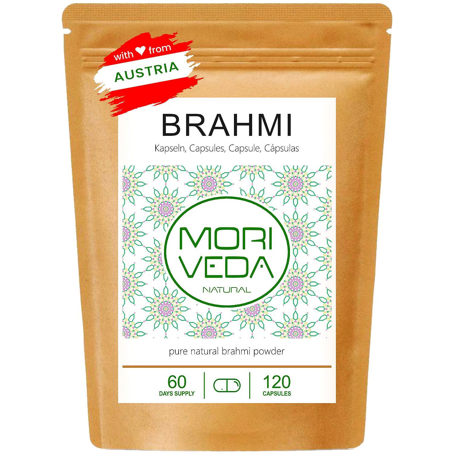 Braune Tüte mit weißem Etikett. Aufschrift BRAHMI, MORI VEDA NATURAL, Kapseln. Mit österreichischem Flaggen-Aufkleber.