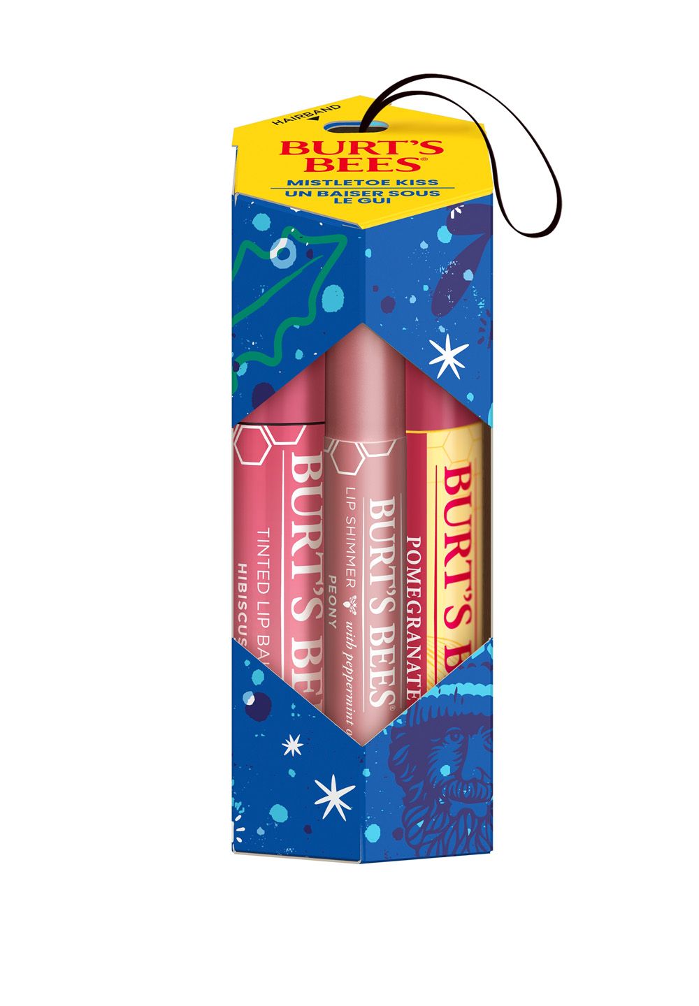 Geschenkset mit drei Lippenpflegeprodukten. Verpackung mit blauem Muster und gelbem Deckel. Enthält drei Lippenbalsame.